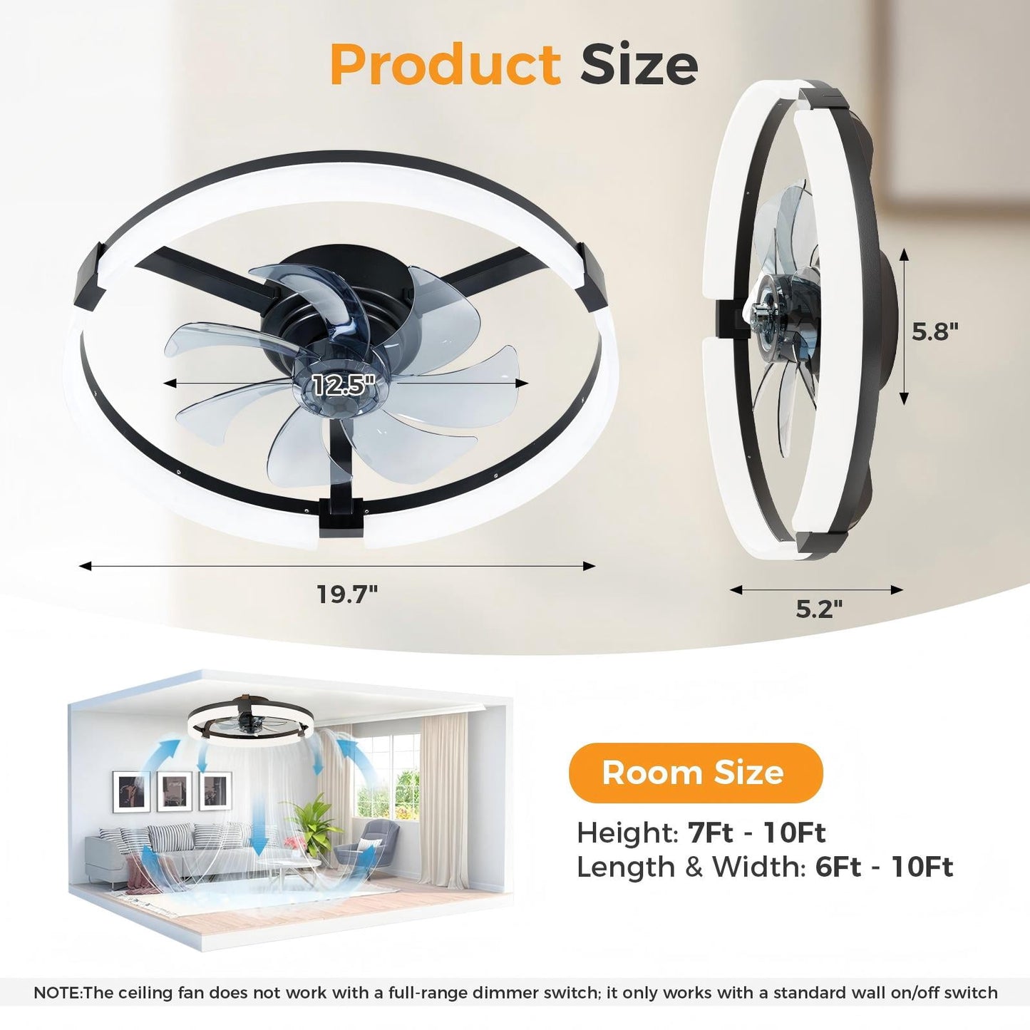CONCETTA Low Profile Ceiling Fan with Light, 19in Flush Mount Bladeless Fan, Dimmable LED with App & Remote Control, Reversible Quiet Fan for Bedroom, Black