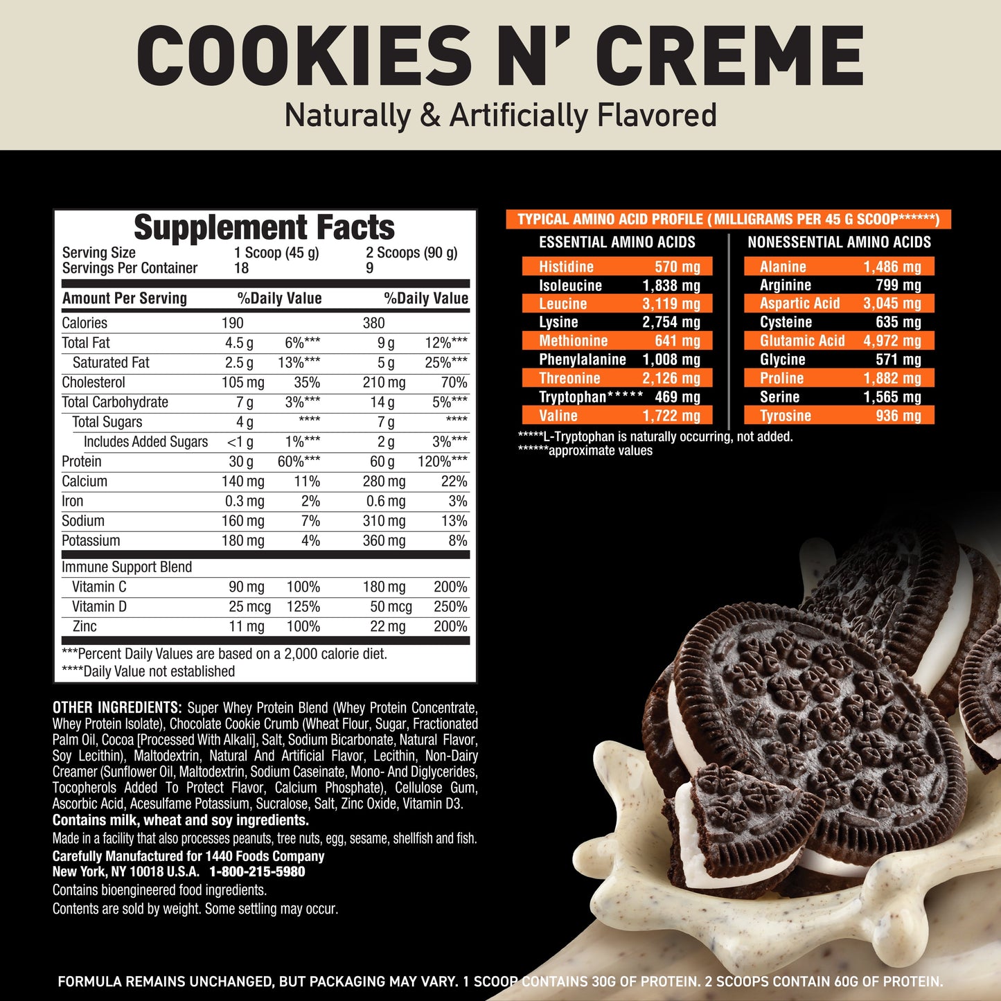 Body Fortress Super Advanced 100% Premium Whey Protein Powder, Cookies N' Creme, 60g Protein, Immune Support , Vitamins C & D Plus Zinc, 1.78 lbs