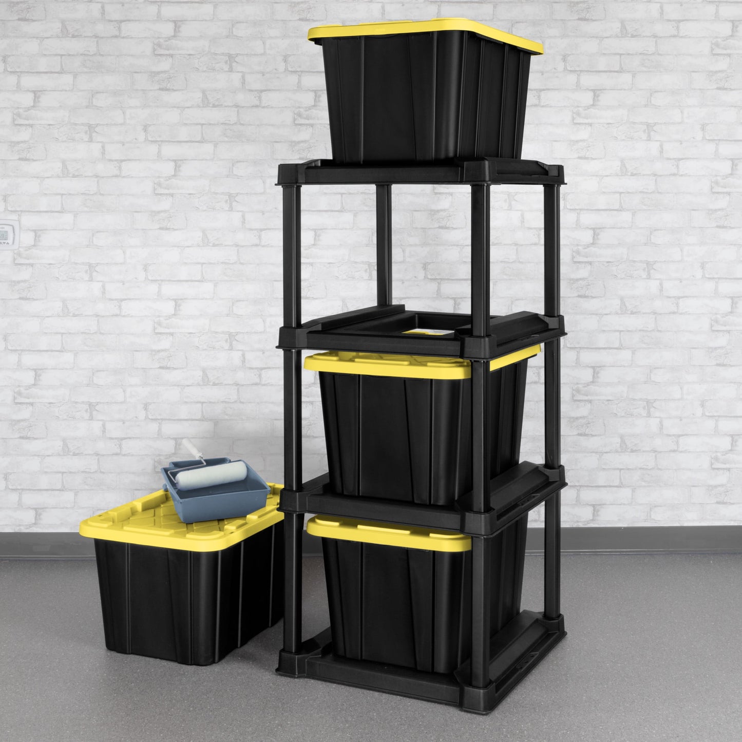 (2 pack) 4 Tier Tote Rack, Holds Four 27 Gallon Industrial Storage Totes, Heavy Duty Plastic Garage Storage Organizer, Vertical Easy-Access No-Stacking Design, Black