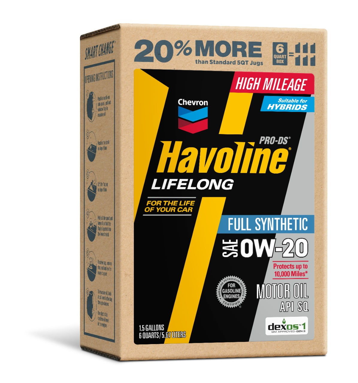 Chevron Havoline Lifelong 0W-20 Full Synthetic Motor Oil, 6 Quarts (Smart Change Box)