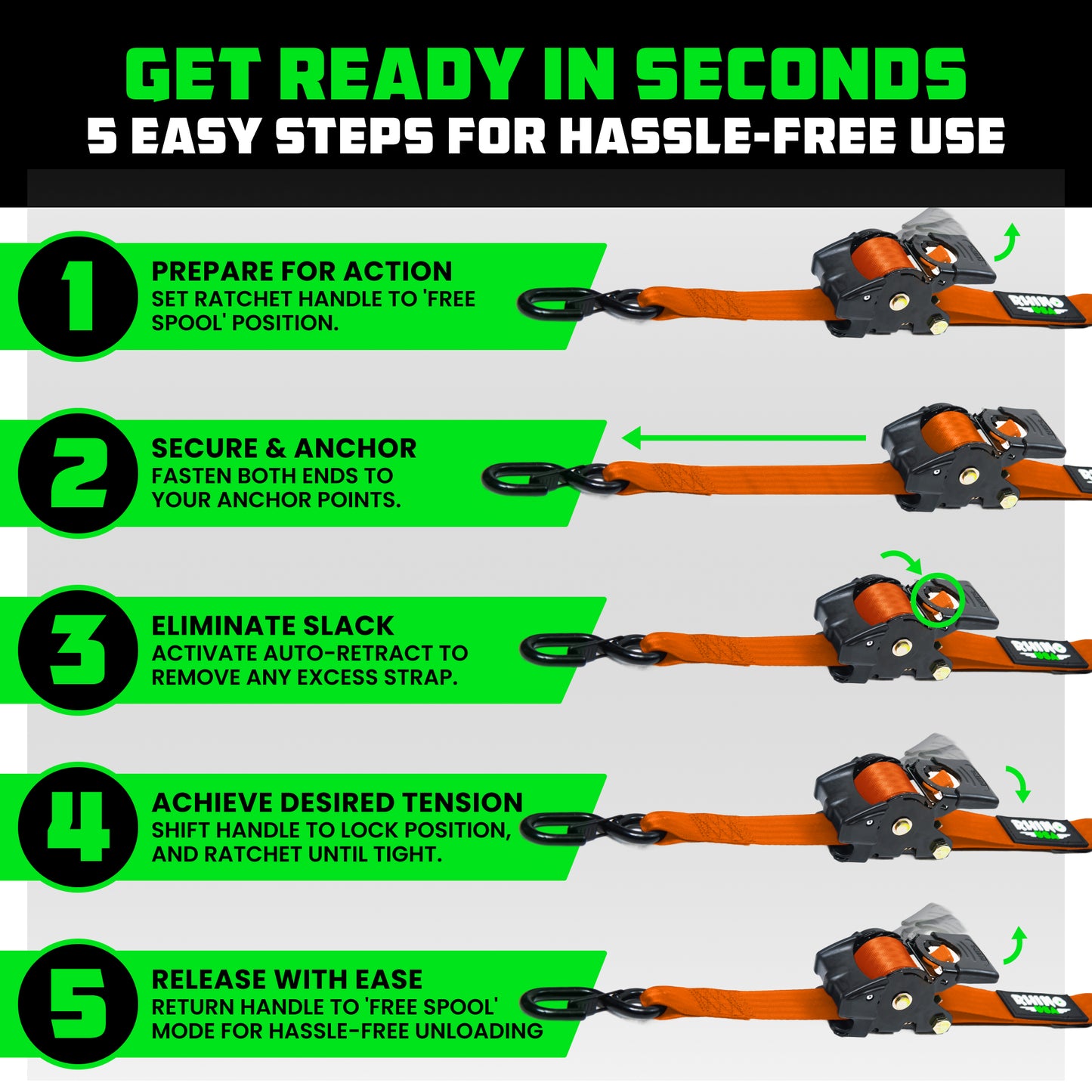 Rhino USA Heavy Duty 2" x 10' Retractable Ratchet Straps 3,033lb Break Strength (Orange 2-Pack)