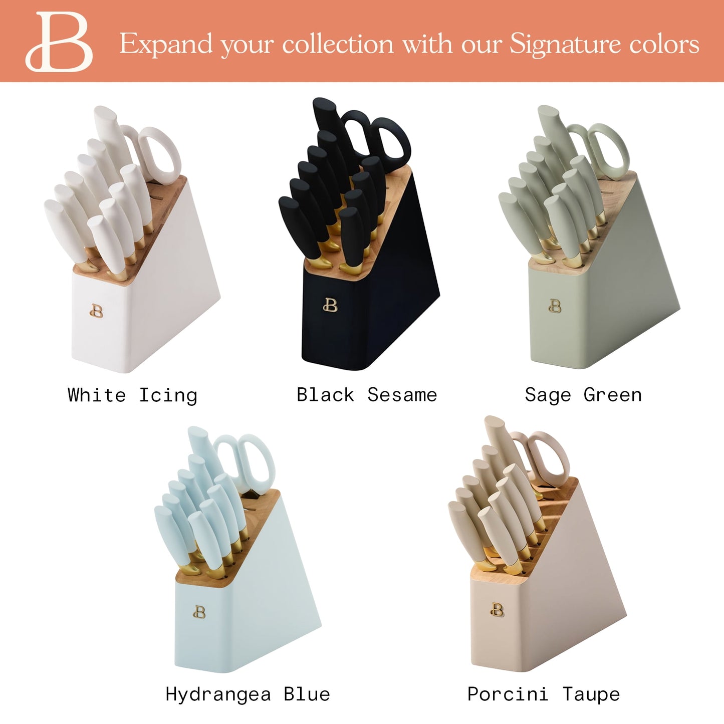 Beautiful 12 Piece Stainless Steel Knife Set Block Soft Grip Handles Black Sesame by Drew Barrymore