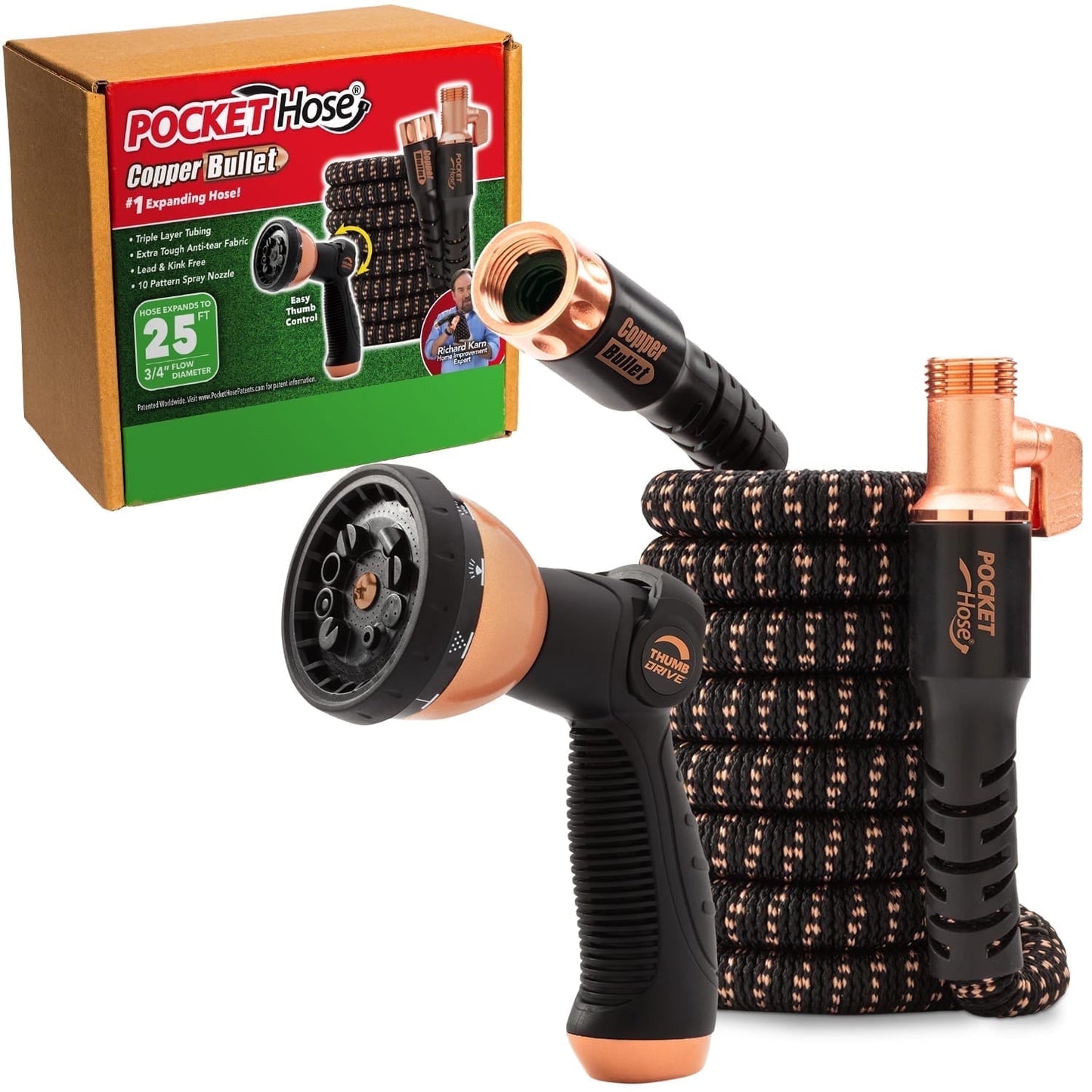 Pocket Hose Copper Bullet Expandable Garden Hose w/10 Pattern Thumb Spray Nozzle AS SEEN ON TV 650psi 3/4 in Patented Lead-Free Ultra-Lightweight Solid Copper Anodized Aluminum (75 Ft)