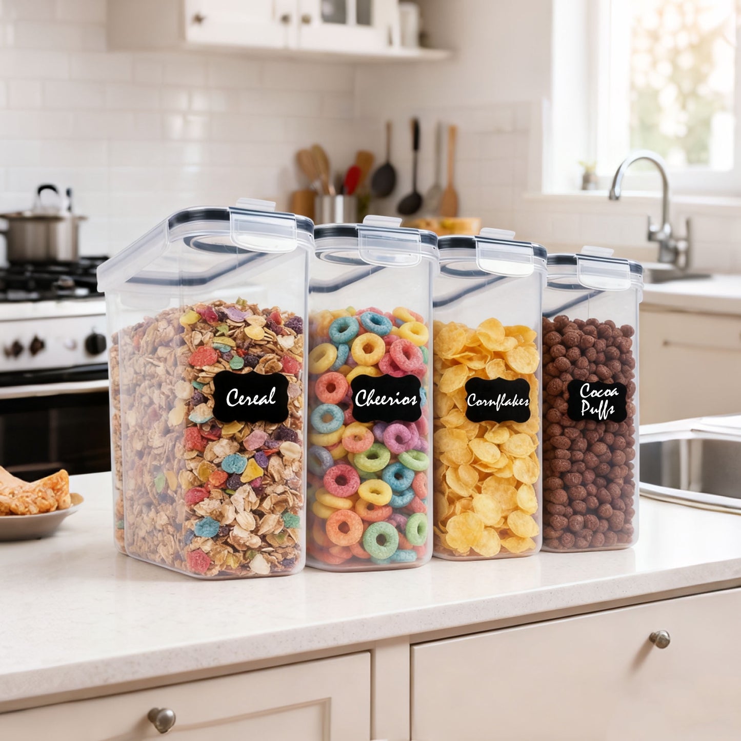 Cereal Container, Food Storage Containers with Lids Airtight Plastic Cereal Keeper Dispenser for Kitchen Pantry, 135 fl oz