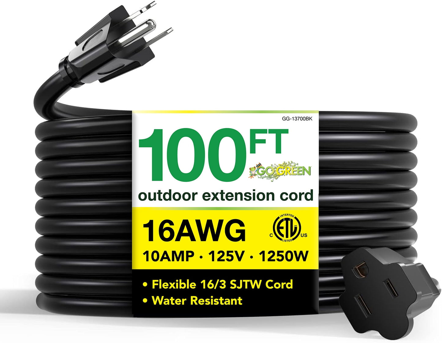 GoGreen Power (GG-13800BK) 14/3 100’ SJTW Outdoor Extension Cord, Black, 100 Ft