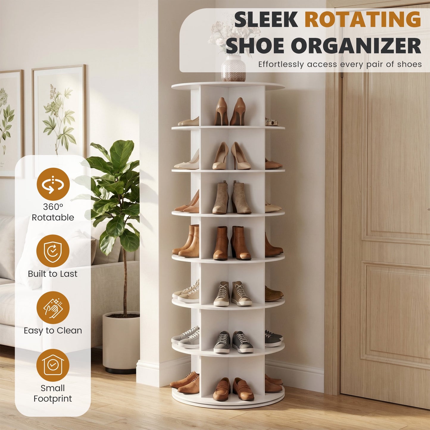 CONCETTA 7 Tier Rotating Shoe Rack Organizer, 360° Spinning Shoe Storage Tower, White Entryway Closet Shoe Shelf for Sneakers, Heels, Boots