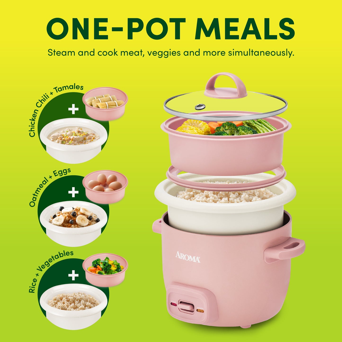 AROMA® 4-Cup Cooked, 2-Cup Uncooked Rice Cooker & Food Steamer with Bonded Granite® Nonstick Ceramic & Pop-Up Steam Tray - Pink
