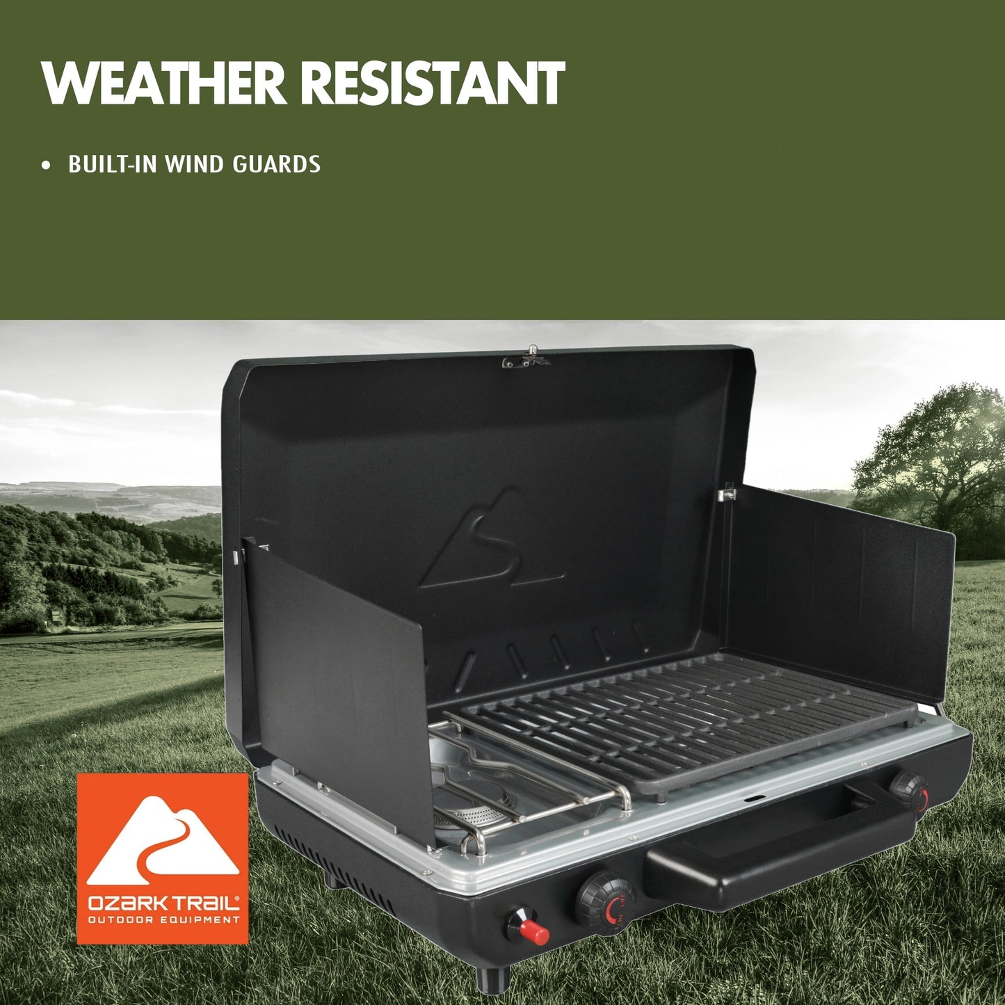 Ozark Trail 2 Burner Black Propane 2-in-1 Portable Camp Stove and Grill, Model GCT2220WD, New