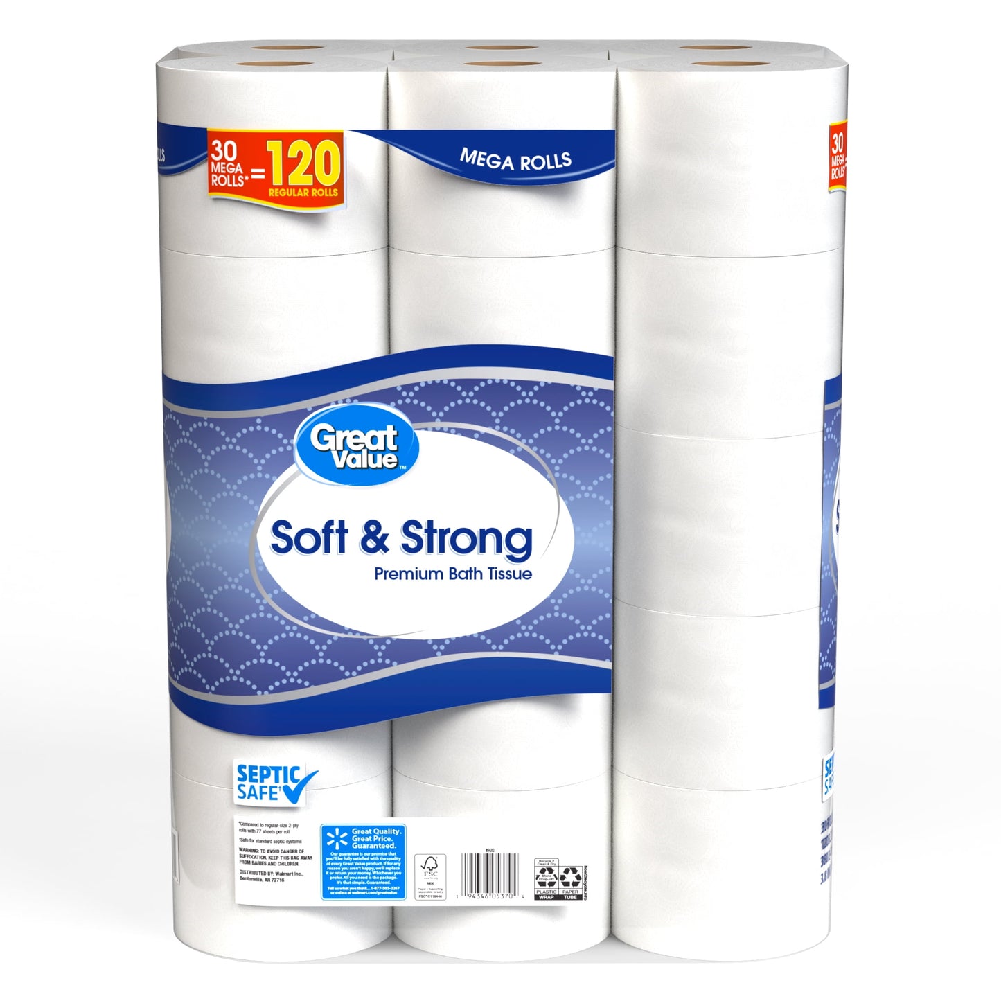 Great Value Soft & Strong Premium Toilet Paper, 30 Mega Rolls, 380 Sheets per Roll