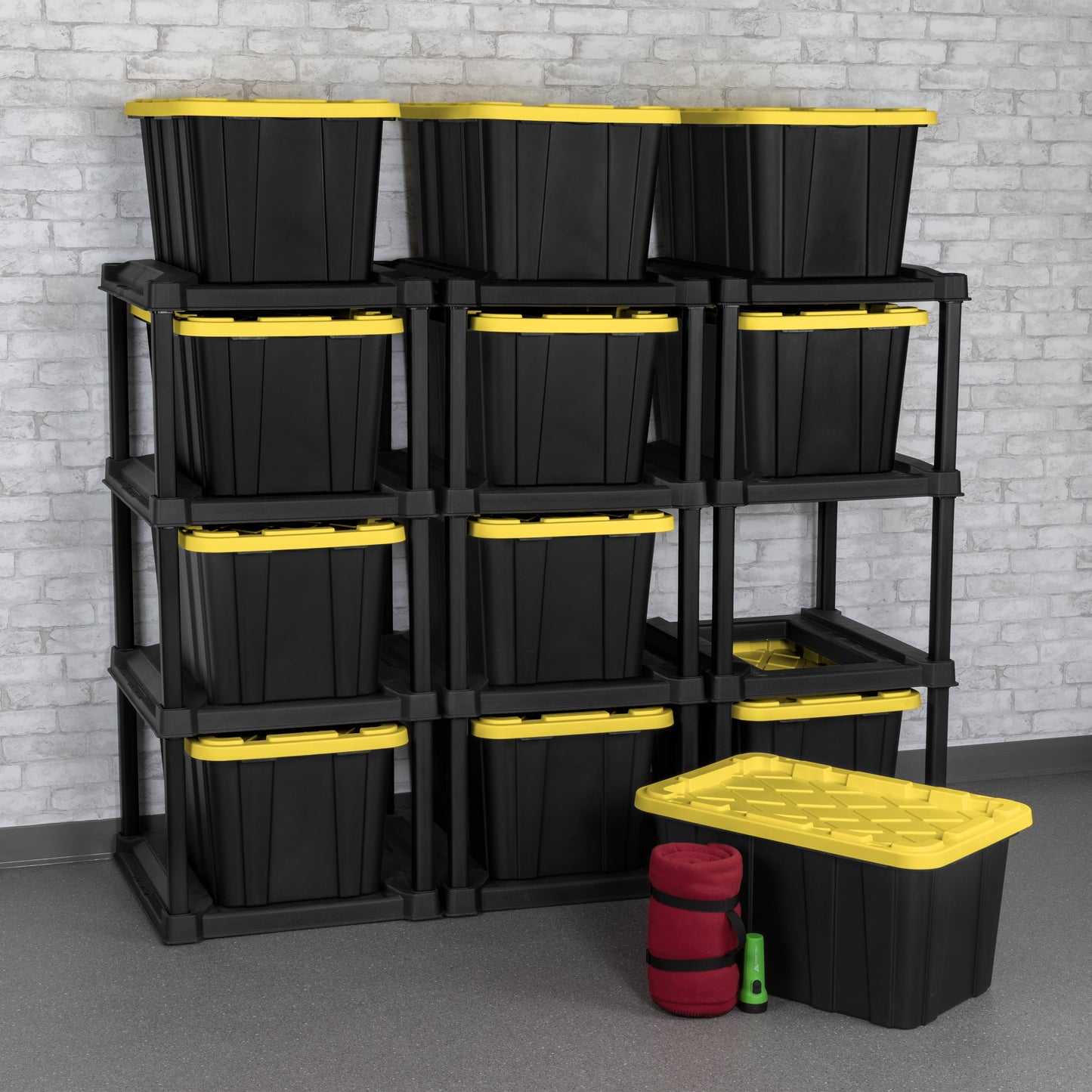 4 Tier Tote Rack, Holds Four 27 Gallon Industrial Storage Totes, Heavy Duty Plastic Garage Storage Organizer, Vertical Easy-Access No-Stacking Design, Black