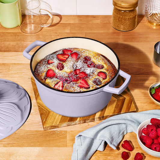 Beautiful 4 Quart Enameled Cast Iron Round Dutch Oven with Petal Design Lid, Lavender by Drew Barrymore
