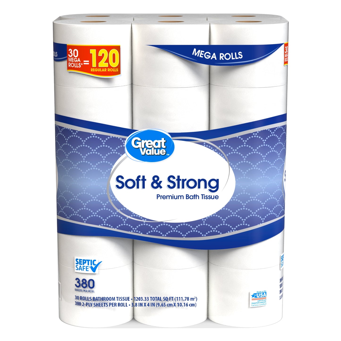 Great Value Soft & Strong Premium Toilet Paper, 30 Mega Rolls, 380 Sheets per Roll