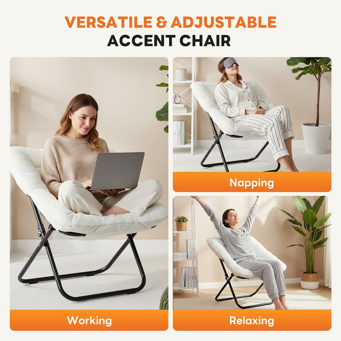 EDX Comfy Chair for Adults, Soft Faux Fur Folding Lounge for Bedroom Living Room Dorm Rooms Flexible Reading Chair, White