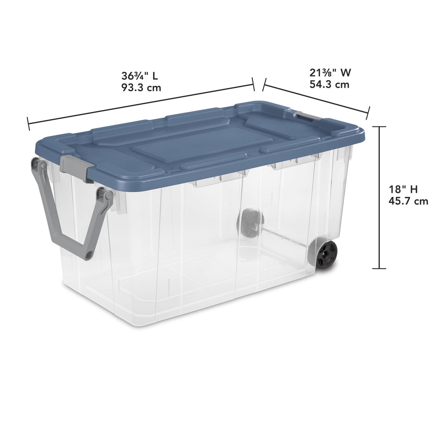 Sterilite Extra-Large Wheeled Rugged Storage Bin, 160 Quart Durable Clear Storage Container with Latching Lid and Pull Handle, Blue, 2 Pack