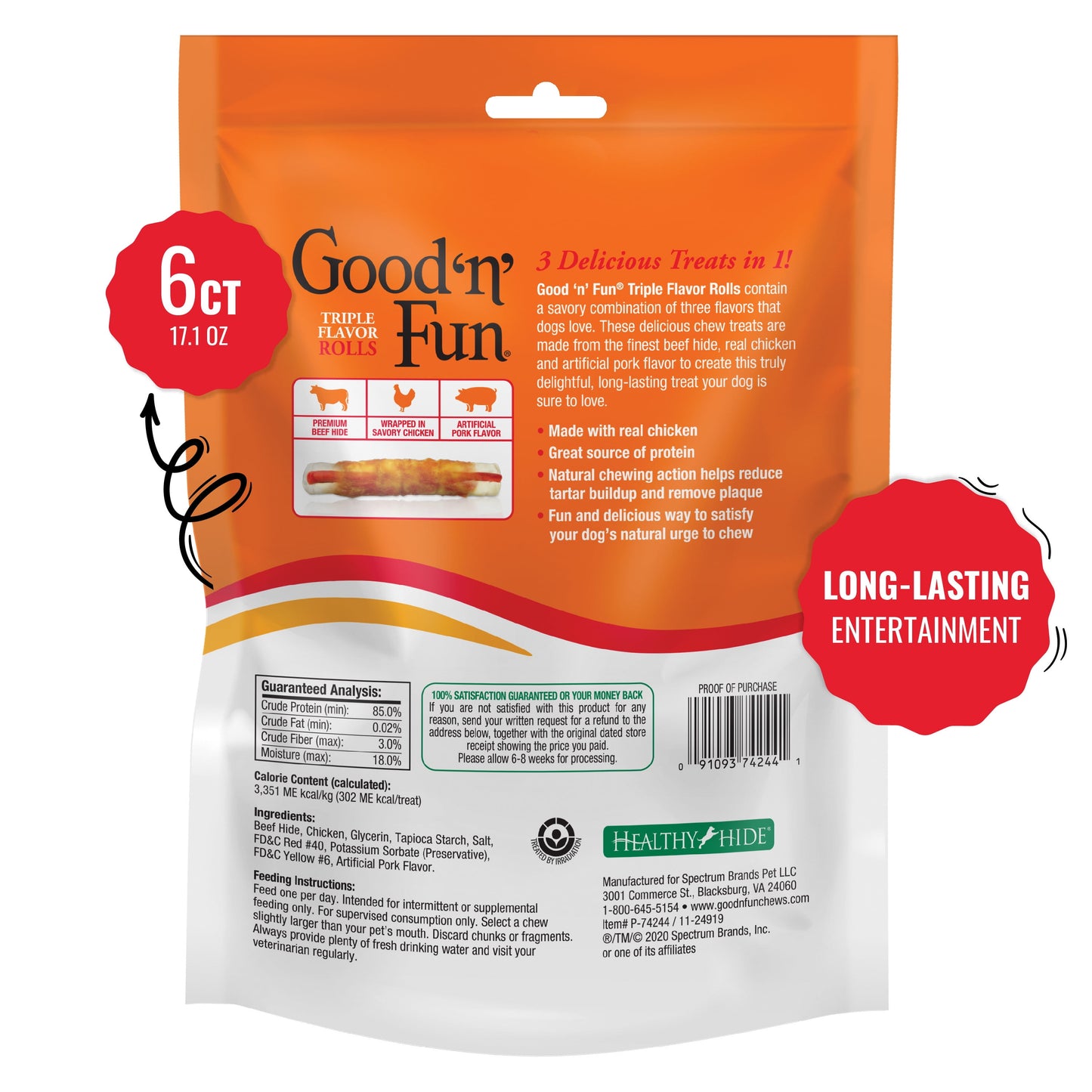 (2 pack) Good ’n’ Fun Triple Flavor Chews, 7 Inch Rolls, Rawhide for Dogs, 6 Count