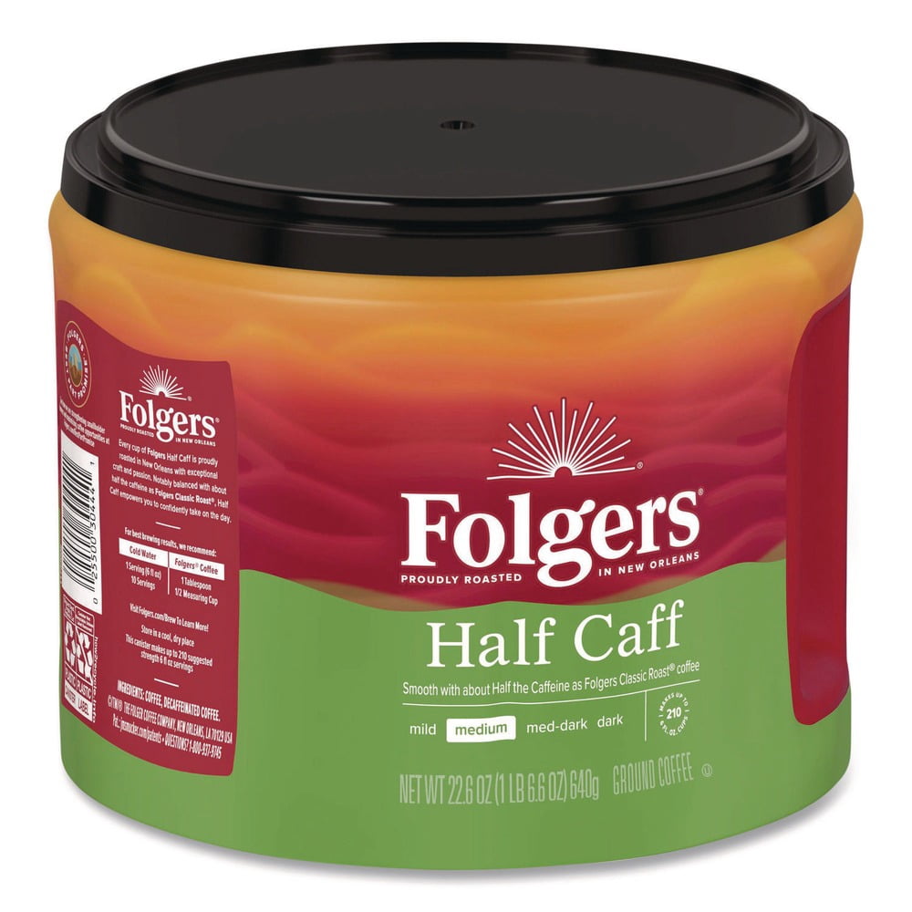(6 pack) Folgers Half Caff Medium Roast Coffee, 22.6 oz Canister