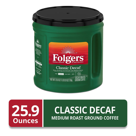 Folgers Classic Decaf Ground Coffee, Medium Roast, 25.9 oz Canister