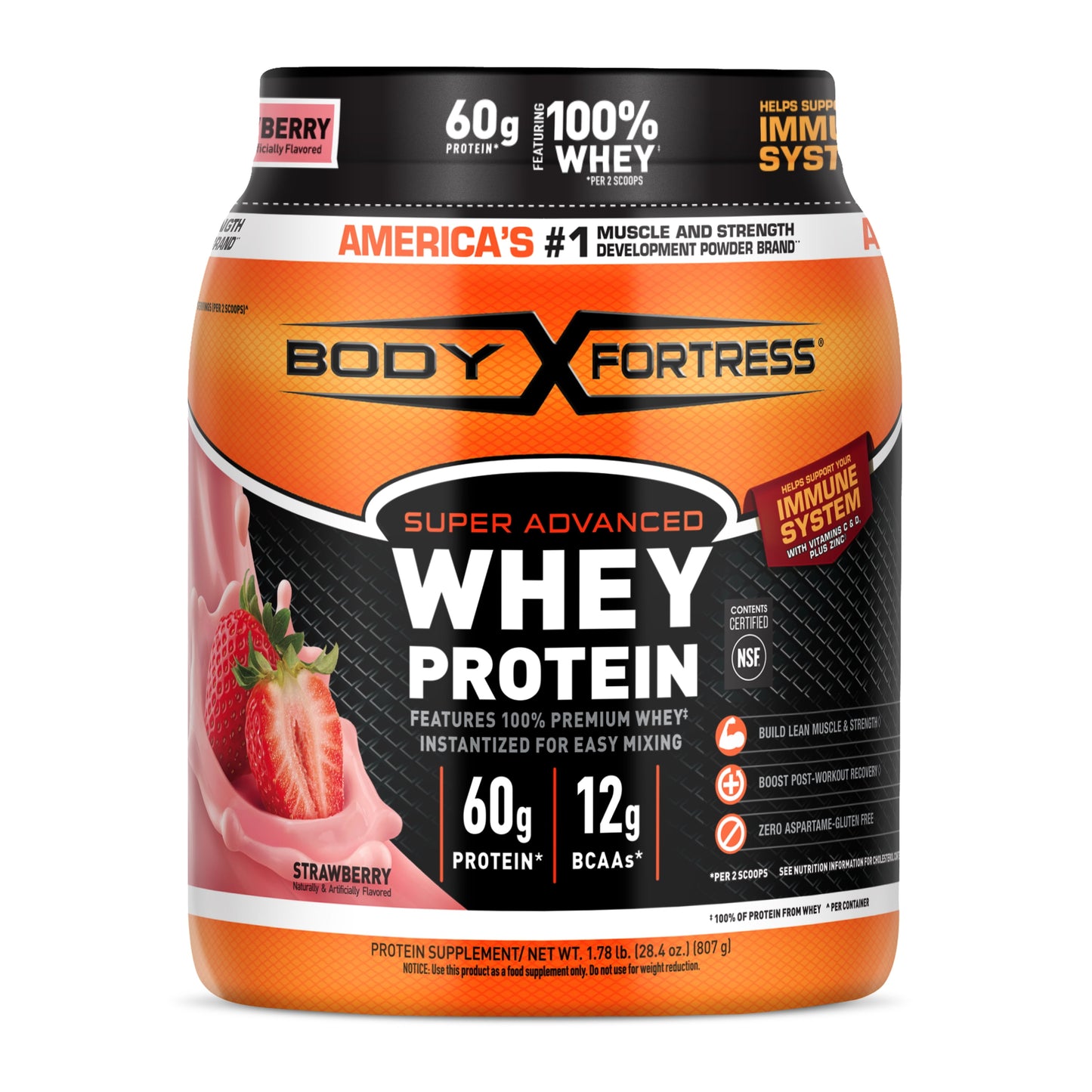 NitroTech Protein Powder Plus Muscle Builder, 100% Whey Protein with Whey Isolate, Strawberry, 40 Servings (4lbs)