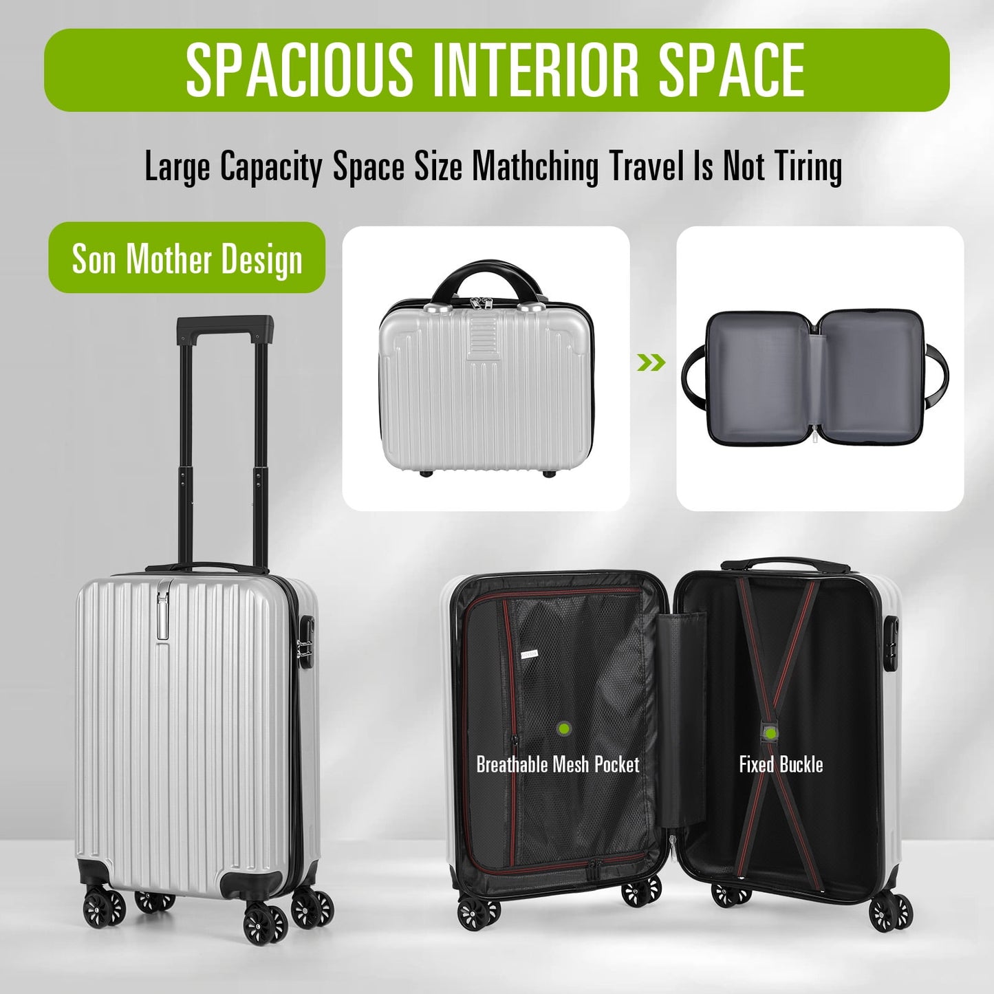 2PCS Luggage Two Piece Rolling Luggage Set Lightweight With Hook 20″ + 14″ Silver