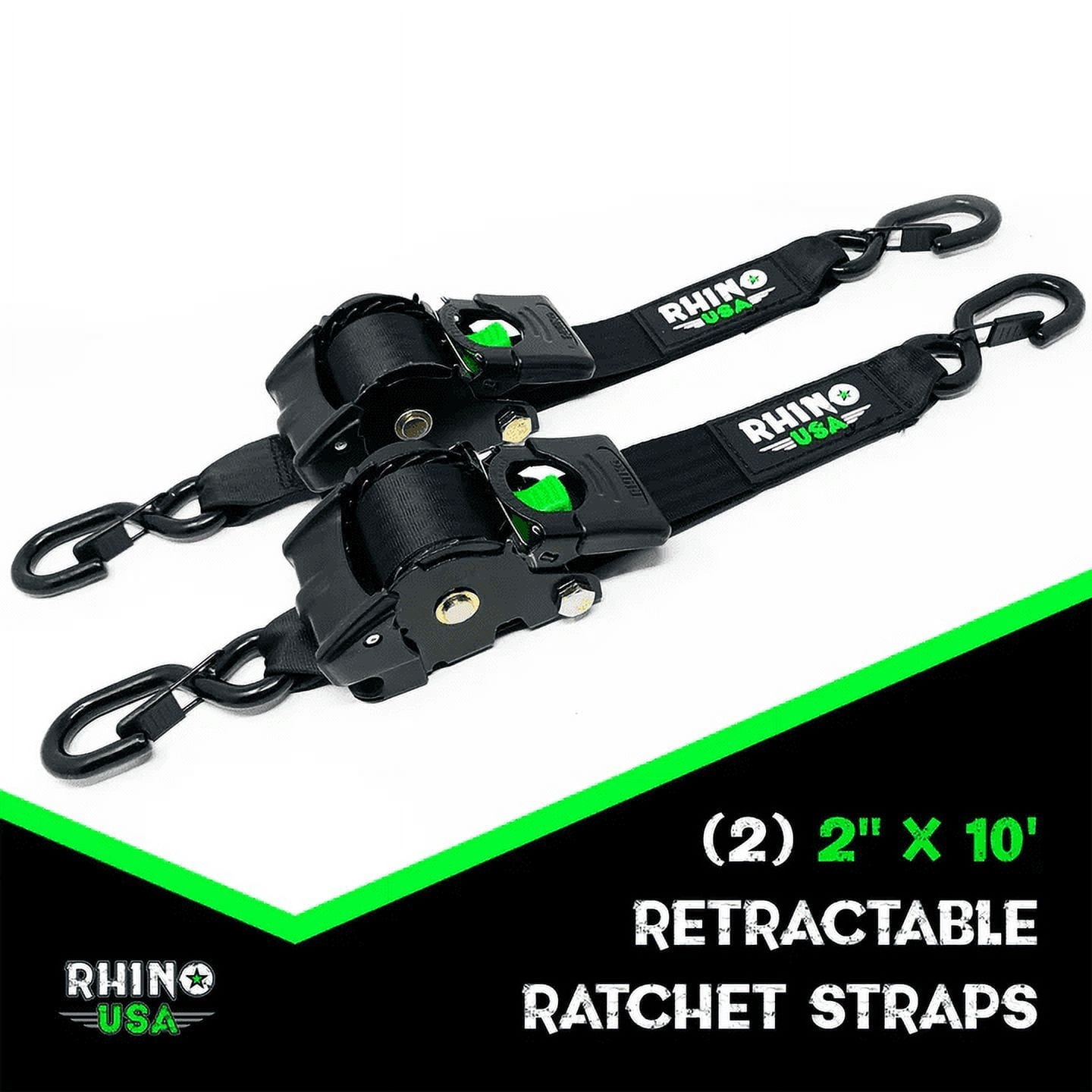 Rhino USA 2in x 10ft Retractable Ratchet Straps, 2 Pack, 1,000lbs Working Load Limit, 7.3lb Product Weight