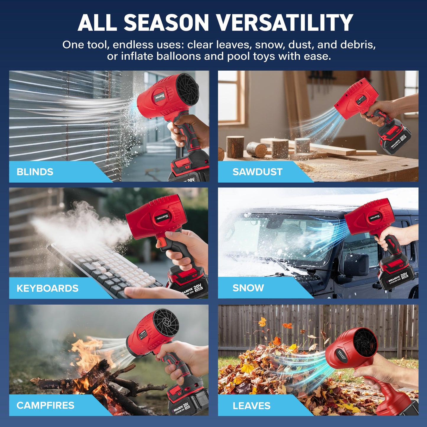 Bullseye Blower Rechargeable Cordless Leaf Dust Air Blaster 21,000 RPM with 20V Battery and Charger
