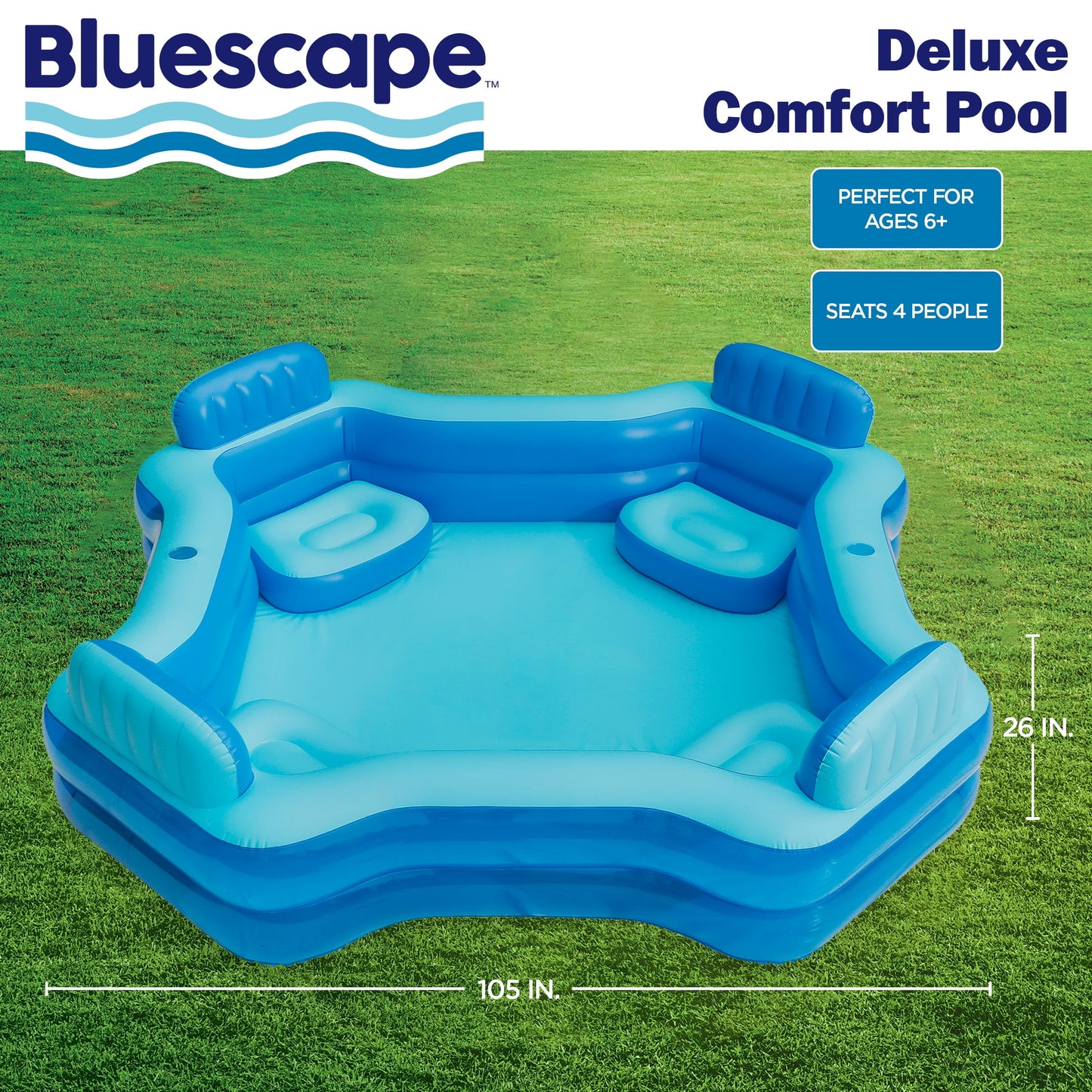 Bluescape Blue Deluxe Comfort Inflatable Family Swimming Pool, 4 Seats, Square, Age 6 & up