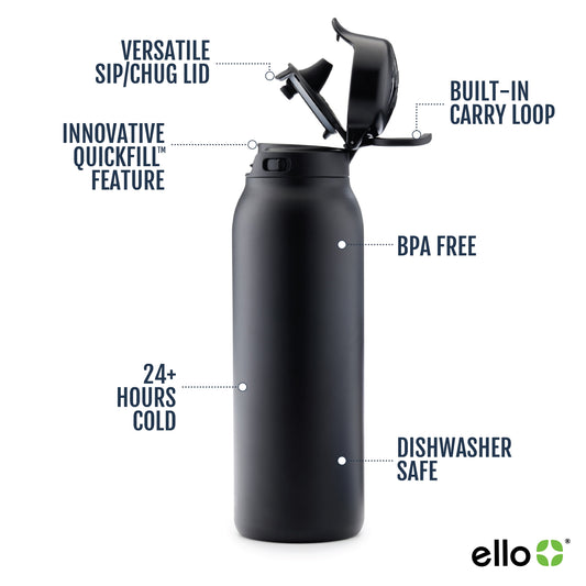 Ello Flip & Fill 32oz Insulated Stainless Steel Water Bottle, Leak-Proof Straw Lid, Black