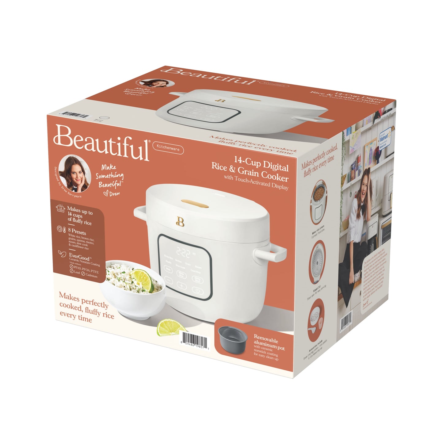 Beautiful 14-Cup Cooked, 6-Cup Uncooked Electric Rice and Grain Cooker, EverGood Non-Toxic Ceramic Nonstick Coating, White Icing by Drew Barrymore