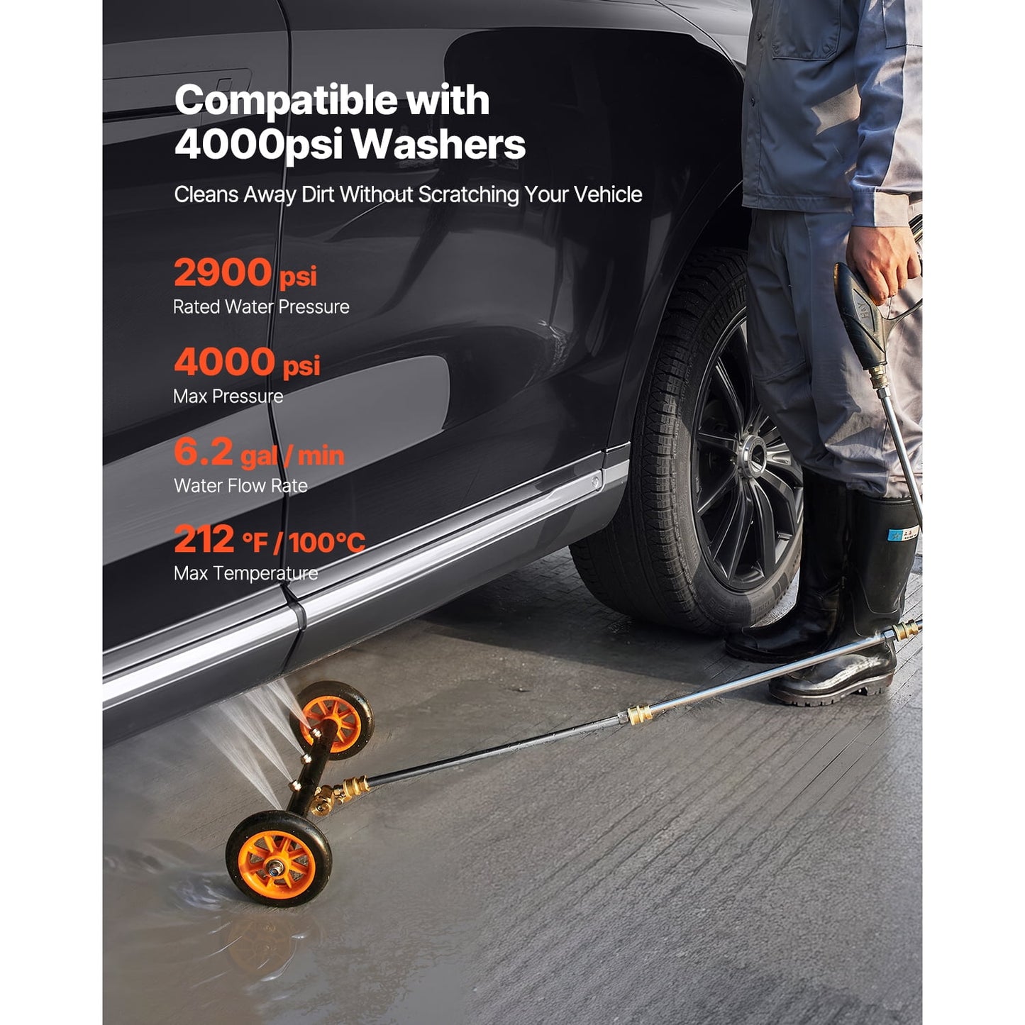 KFFKFF 16" Undercarriage Pressure Washer, Stainless Steel Pressure Surface Cleaner, Maximum 4000 PSI, Gear with Angle Modification, 4 Spray Jets, 2 Lengthened Rods for Driveway, Patio, Deck