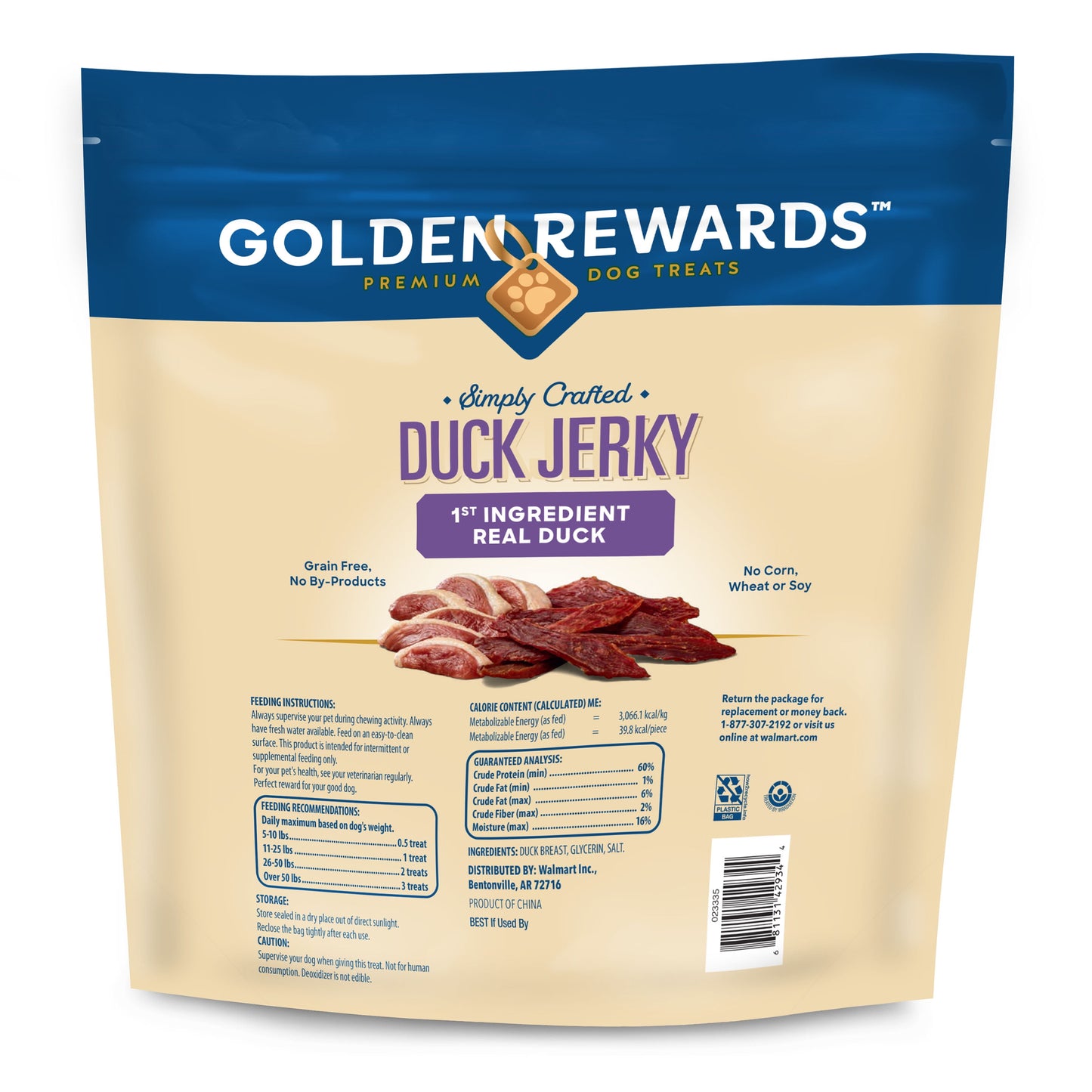 Golden Rewards Duck Flavor Premium Dry Jerky Treats for All Dogs, 64 oz