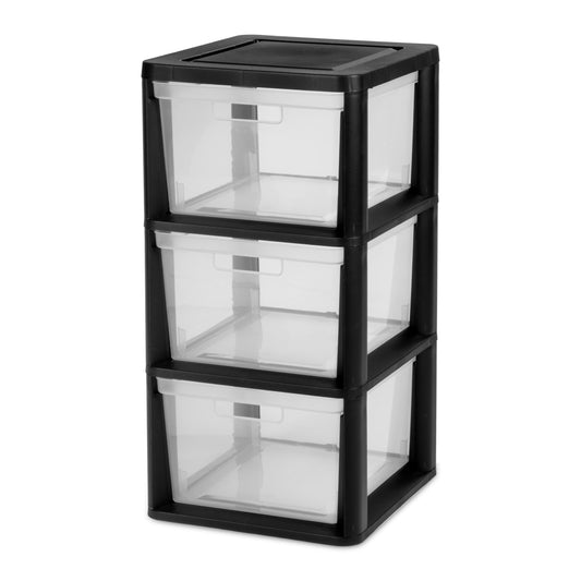 (2 pack) Sterilite 3 Drawer Tower, Plastic Storage Organizer with Removable Clear Bins, Easy Assembly, No Tools Needed, Black