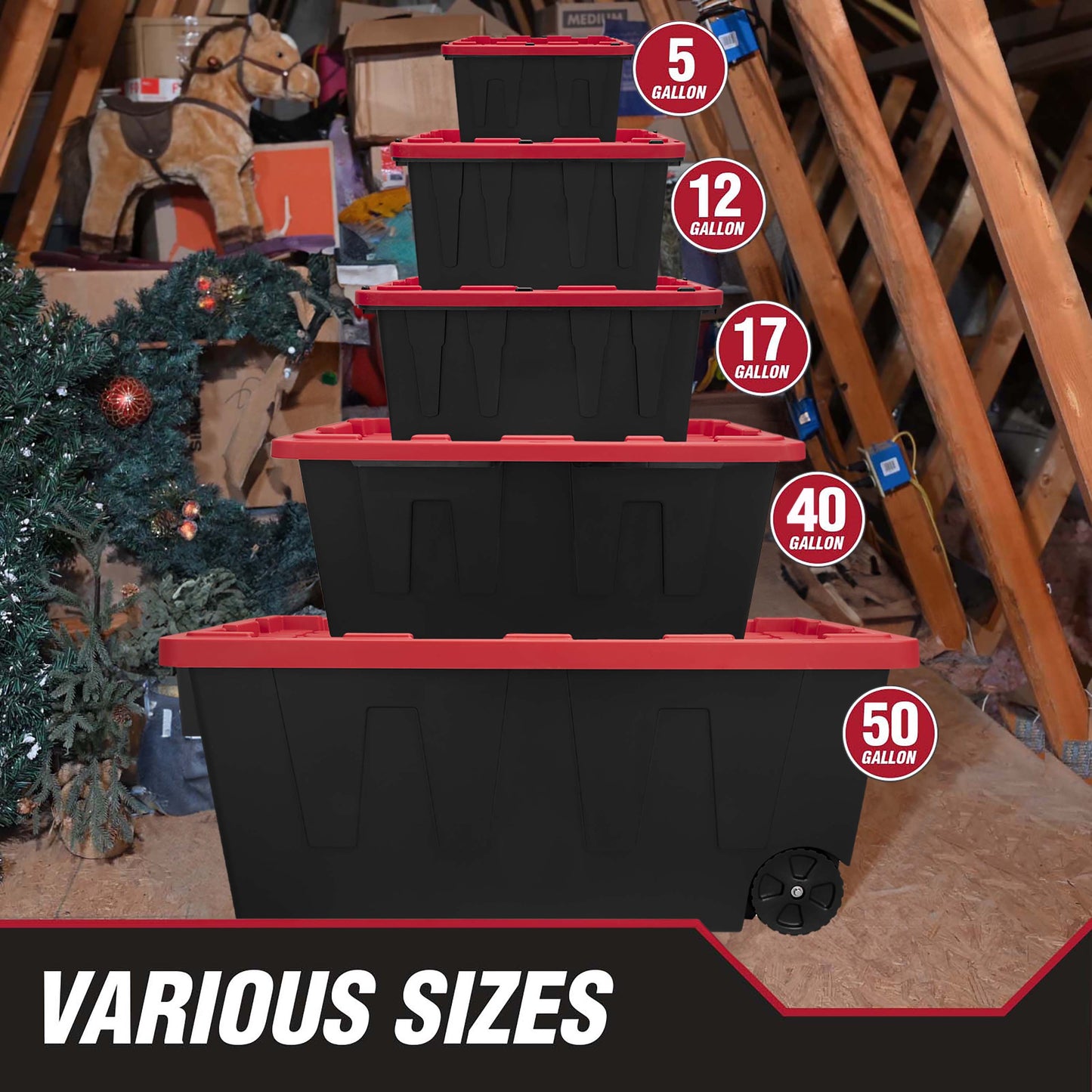 (Pack of 4) Hyper Tough 12 Gallon Small Storage Bin with Snap Lid, Black and Red, Heavy Duty Plastic Storage Container