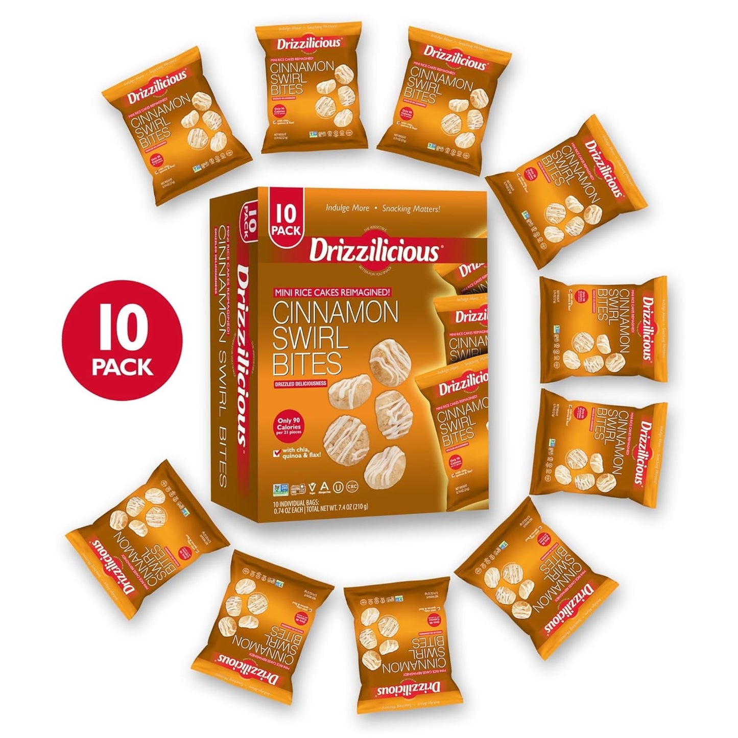Drizzilicious Mini Rice Cakes, Cinnamon Swirl Flavored Rice Cake Gluten Free Snacks, Rice Crisps 10-Pack