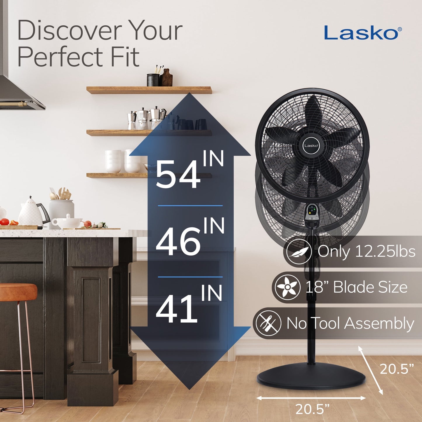 Lasko Cyclone 18" Quiet Oscillating Pedestal Fan with Remote, Timer, Adjustable Height for Whole Room Cooling, Black, 1843