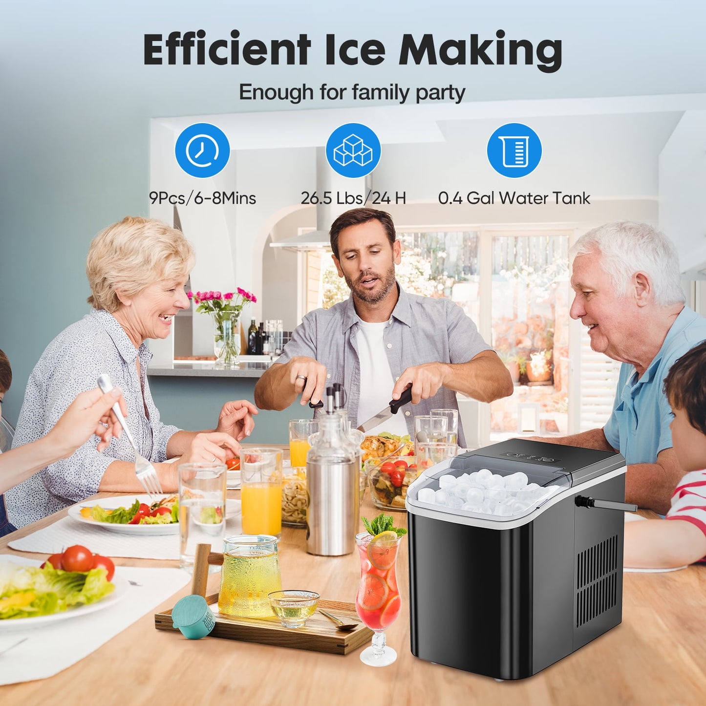 EDX Countertop Ice Maker, Self-Cleaning Portable Ice Maker Machine with Handle and Ice Scoop 9Pcs/6Min 26.5Lbs/24H Black