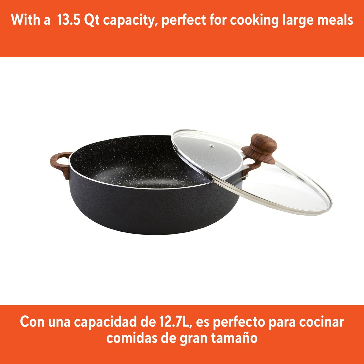 IMUSA 13.5qt Black Stone Aluminum Speckled Nonstick Caldero with Glass Lid & Wood Look Handles, Black