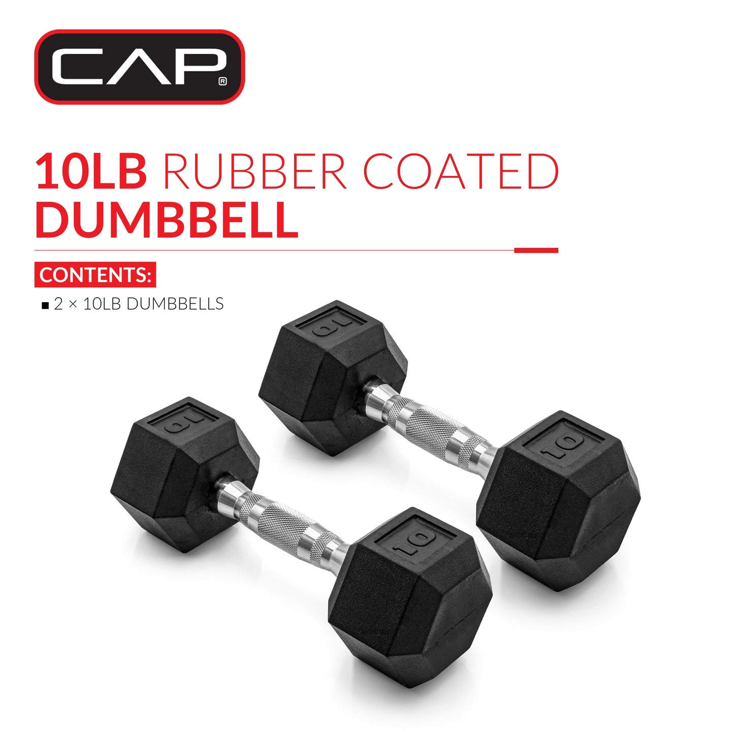 CAP Barbell, 10lb Coated Rubber Hex Dumbbell, Pair (No-Roll Design, Ergonomic Steel Handle, Durable Coated Weight)