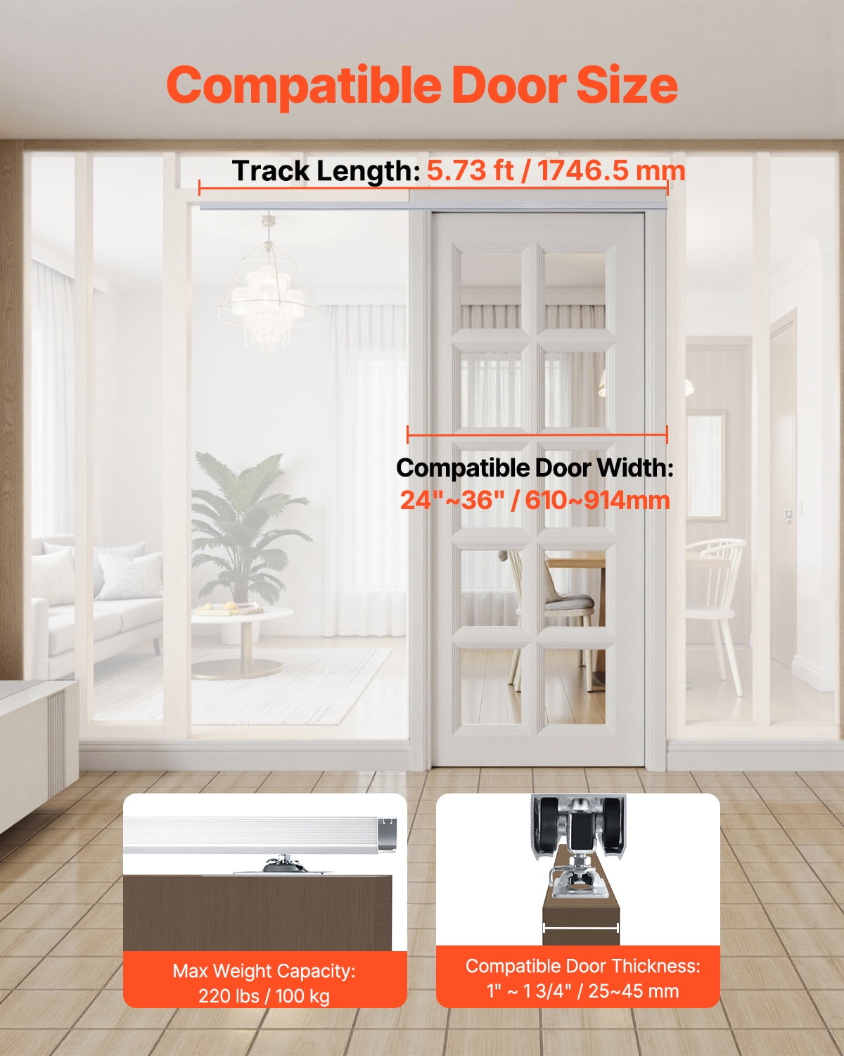 KFFKFF Sliding Pocket Door Hardware Track Kit, 5.73 ft Durable Pocket Door System, Commercial-Grade Hardware and Track Set for 24"-36" Wide Single Doors, Smooth Operation and Simple Installation