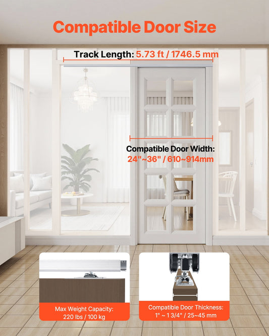 KFFKFF Sliding Pocket Door Hardware Track Kit, 5.73 ft Durable Pocket Door System, Commercial-Grade Hardware and Track Set for 24"-36" Wide Single Doors, Smooth Operation and Simple Installation