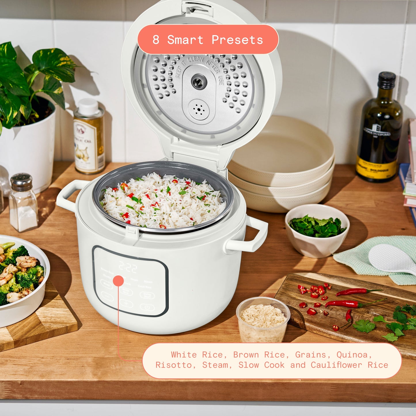 Beautiful 14-Cup Cooked, 6-Cup Uncooked Electric Rice and Grain Cooker, EverGood Non-Toxic Ceramic Nonstick Coating, White Icing by Drew Barrymore