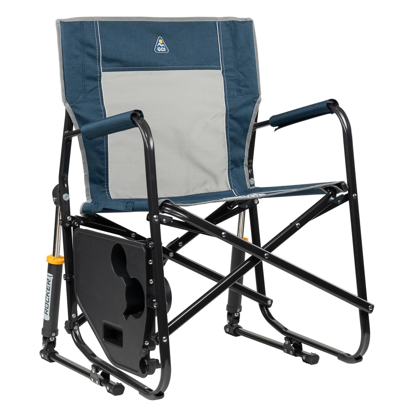 GCI Outdoor Freestyle Rocker with Side Table Foldable Rocking Camp Chair, Heathered Indigo