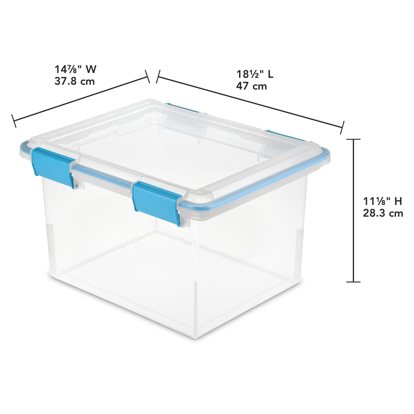 Sterilite Gasket Box, 32 Quart Clear Weather-Resistant Plastic File Storage Bin with Gasket Seal and Latch Lid, Blue, 4 Pack
