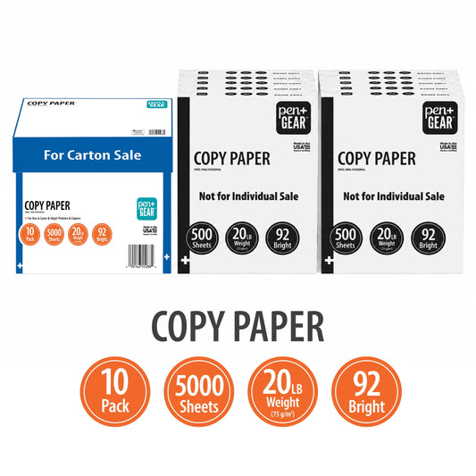 Pen+Gear Copy Paper, 8.5" x 11", 92 Bright White, 20 lb., 10 Ream Case (5,000 Sheets)