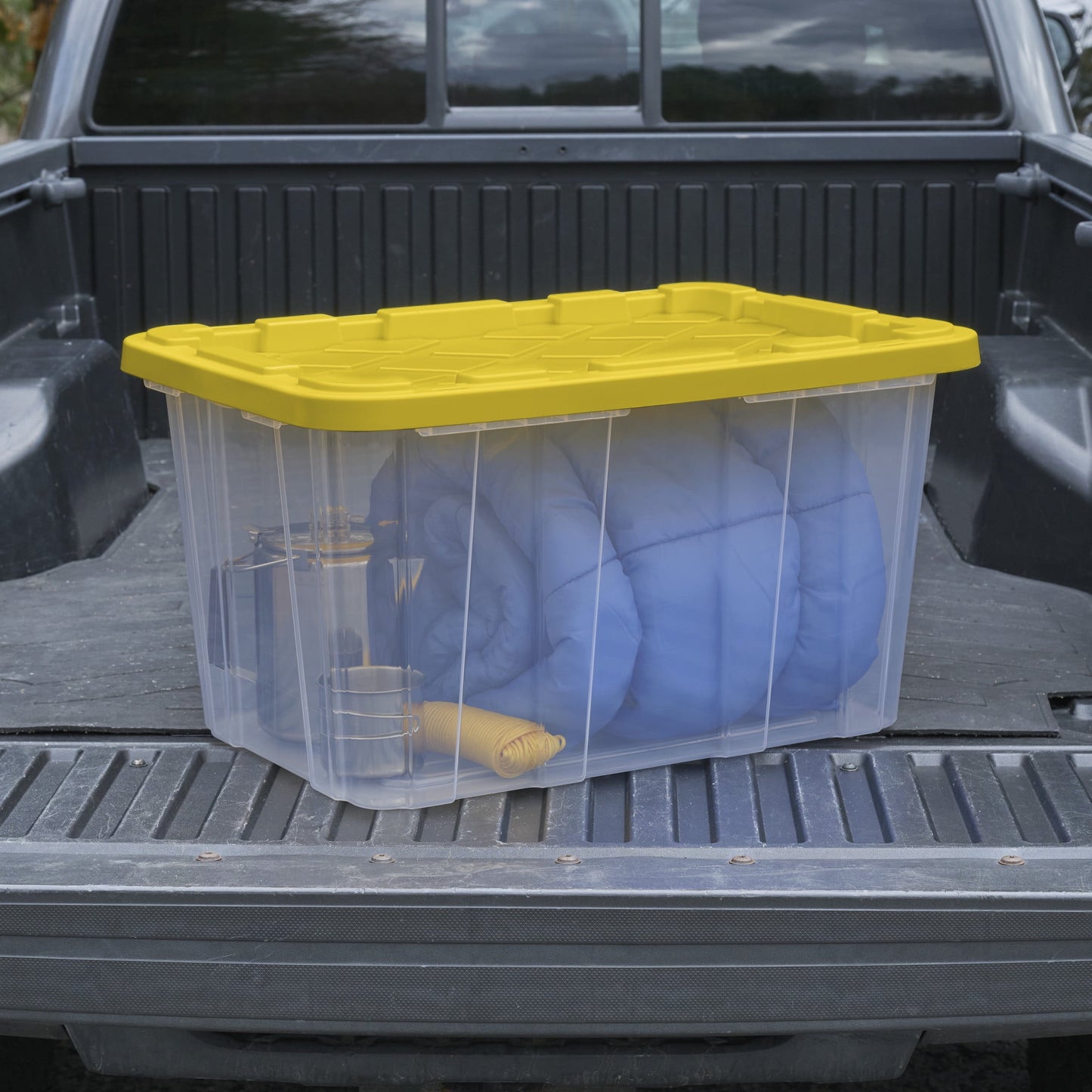 Sterilite Large Industrial Storage Tote, 27 Gallon Durable Clear Plastic Storage Bin with Snap-Fit Lid, Yellow, 4 Pack