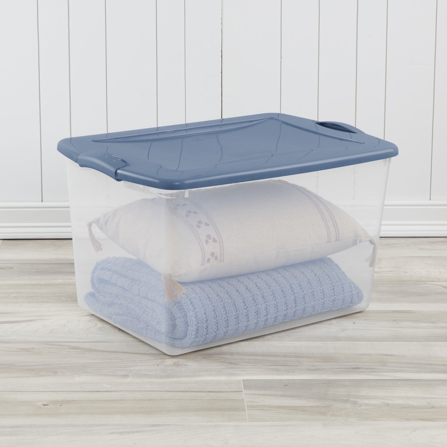 Sterilite Large Latching Storage Bin, 66 Quart Clear Plastic Storage Container with Latch Lid, Blue, 6 Pack