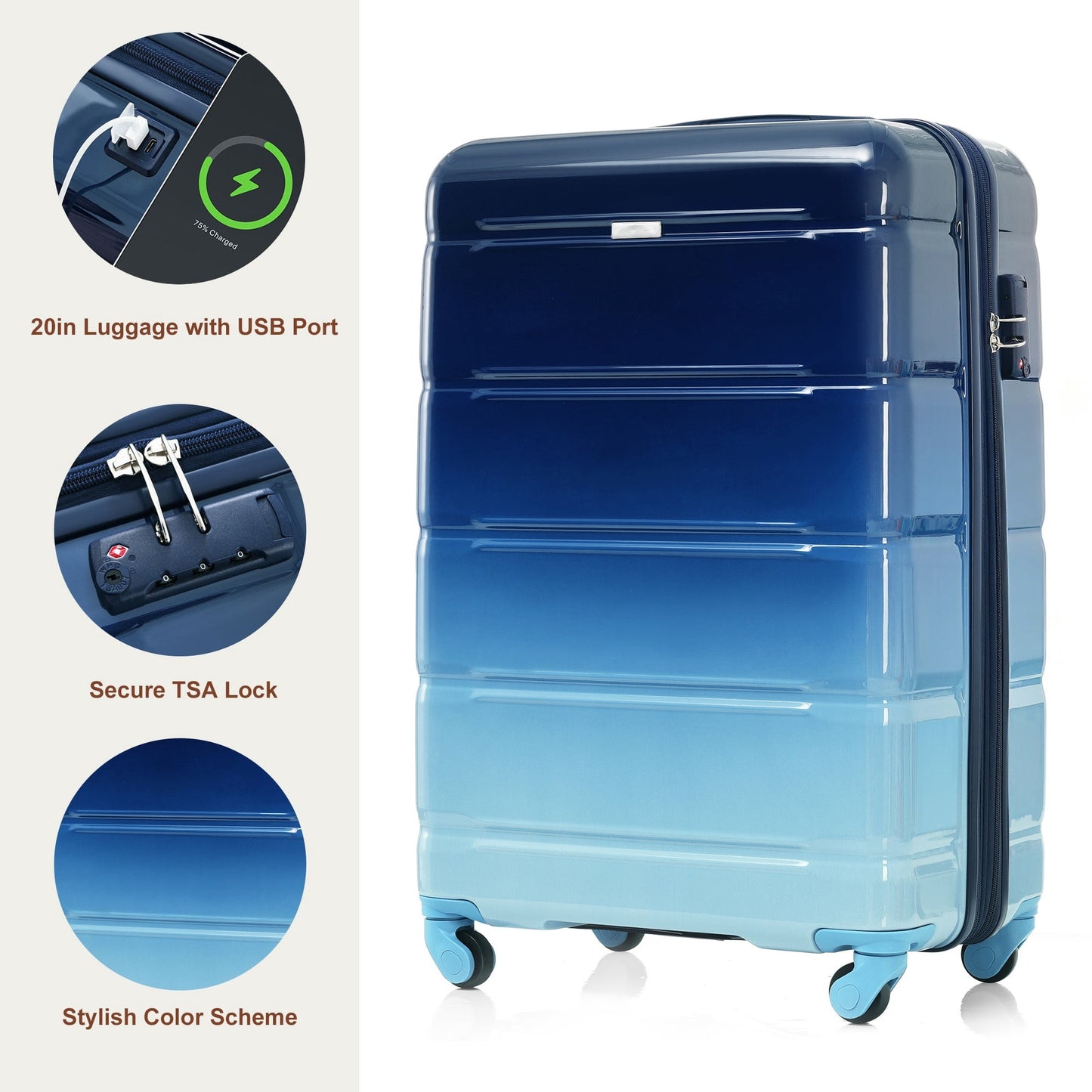 Euroco Luggage Sets 3 Piece, 20 Inch Carry On Luggage with TSA Lock & Spinner Wheels, ABS+PC Hardshell Lightweight Suitcase Set with Travel Bag for Men Women,Airline Approved,Navy