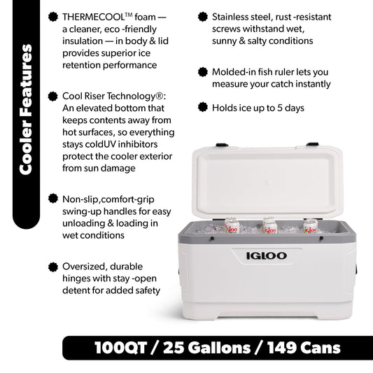 Igloo 100 QT Latitude Marine Ultra Hard-Sided Cooler, White and Moonscape Gray