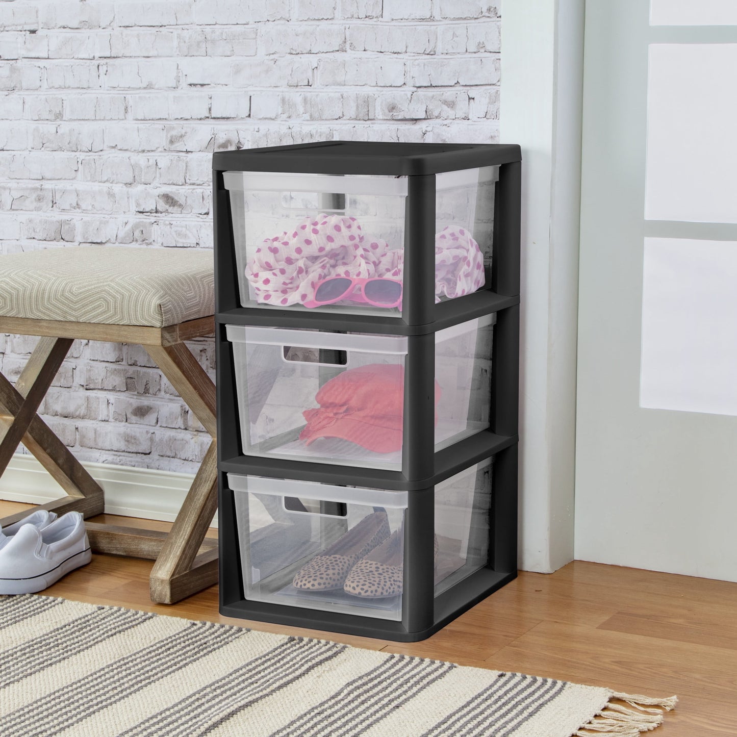 (2 pack) Sterilite 3 Drawer Tower, Plastic Storage Organizer with Removable Clear Bins, Easy Assembly, No Tools Needed, Black