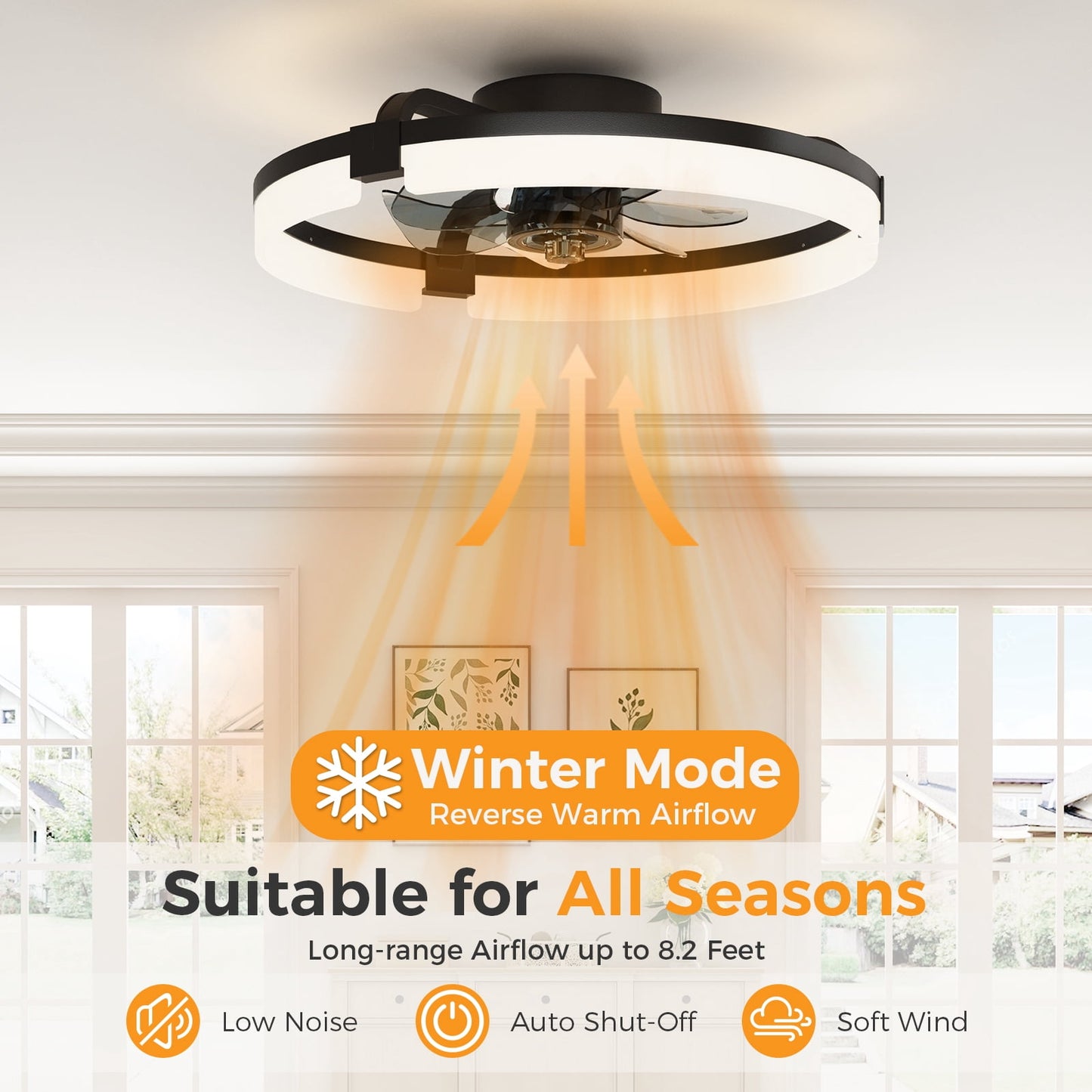 CONCETTA Low Profile Ceiling Fan with Light, 19in Flush Mount Bladeless Fan, Dimmable LED with App & Remote Control, Reversible Quiet Fan for Bedroom, Black
