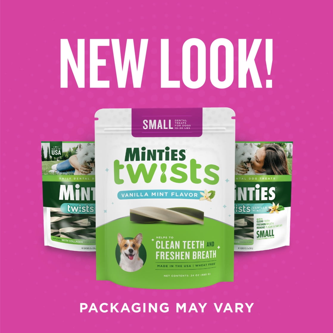 MINTIES Twists Dog Dental Bone Chews for Medium/Large Dogs Over 30 lbs, Vanilla and Mint Flavor, 12 oz